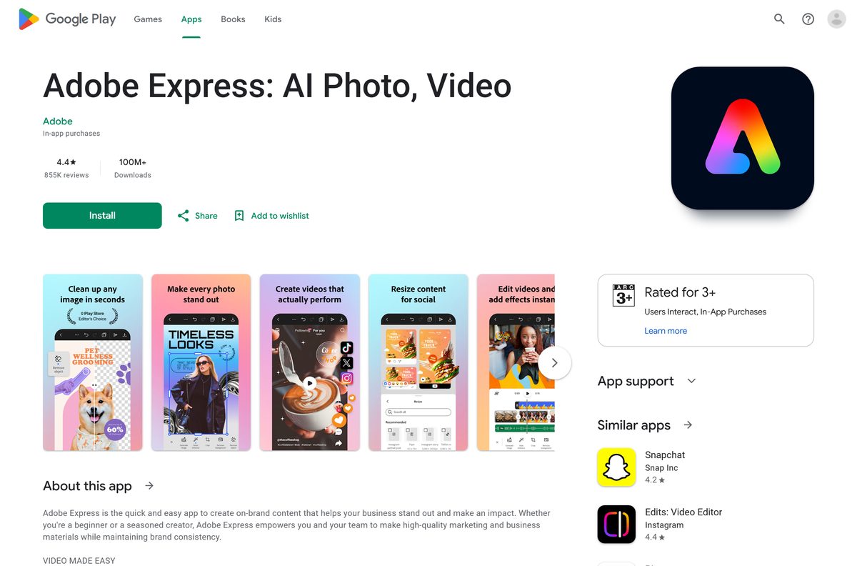 Google Play listing for Adobe Express on Android