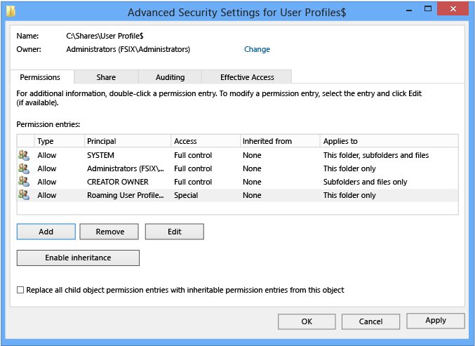 Advanced Security Settings dialog for a User Profiles file share
