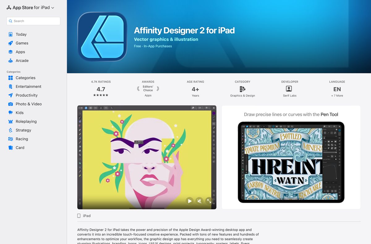 App Store page for Affinity Designer 2 for iPad with rating and size