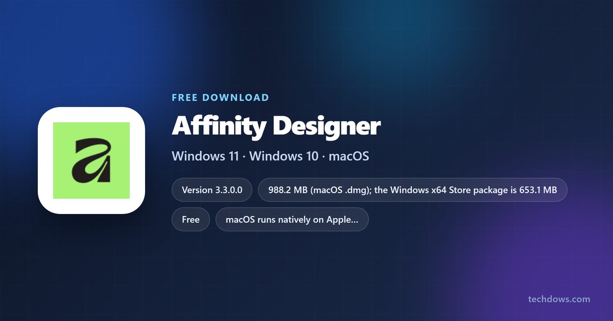 Specs card for Affinity Designer with download sizes and supported systems