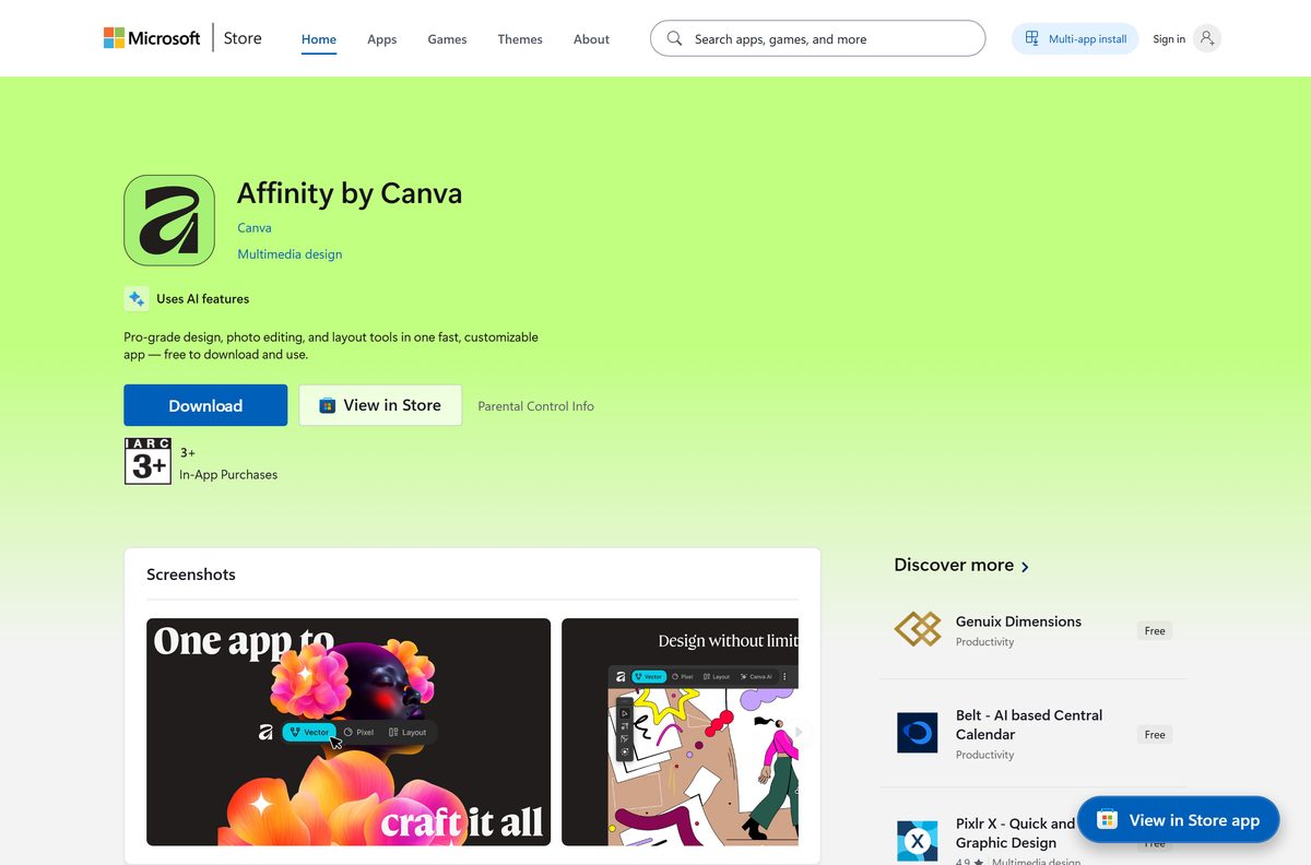 Microsoft Store page for Affinity Designer showing price and Get button
