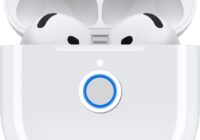AirPods and charging case with the lid open and status light on