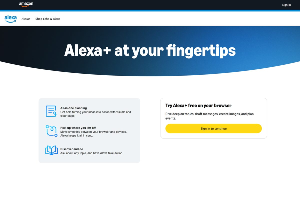 Amazon Alexa page inviting you to try Alexa in a browser