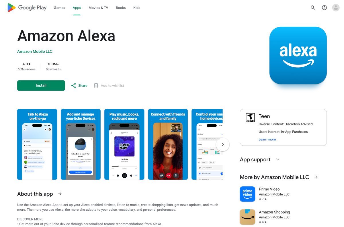 Google Play listing for Alexa with its rating and download count