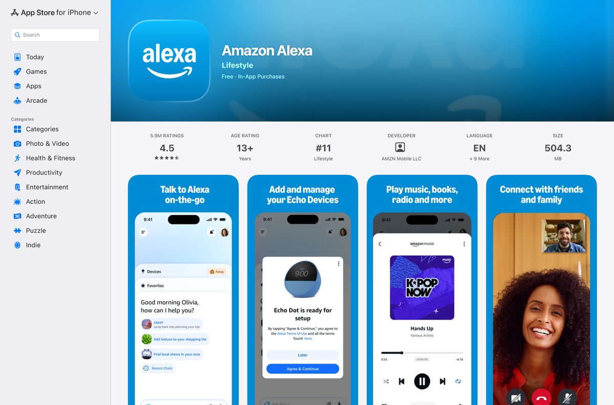 App Store page for the Alexa app with its size and age rating