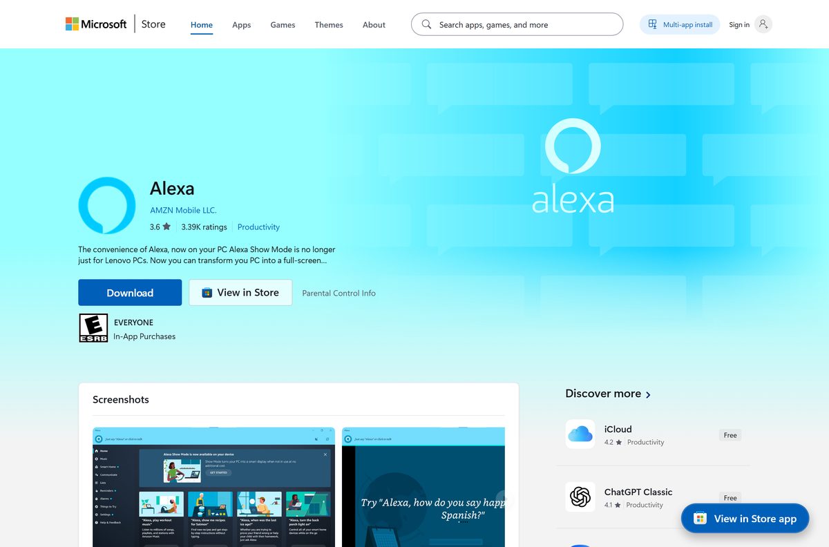 Microsoft Store listing for Alexa with its price and rating