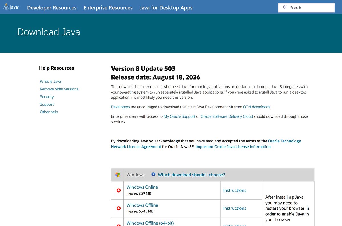 All Java Downloads page listing Windows, Mac and Linux installers