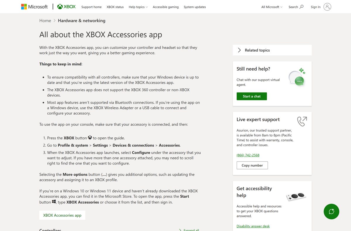 Xbox Support page explaining the accessories app on Windows and console