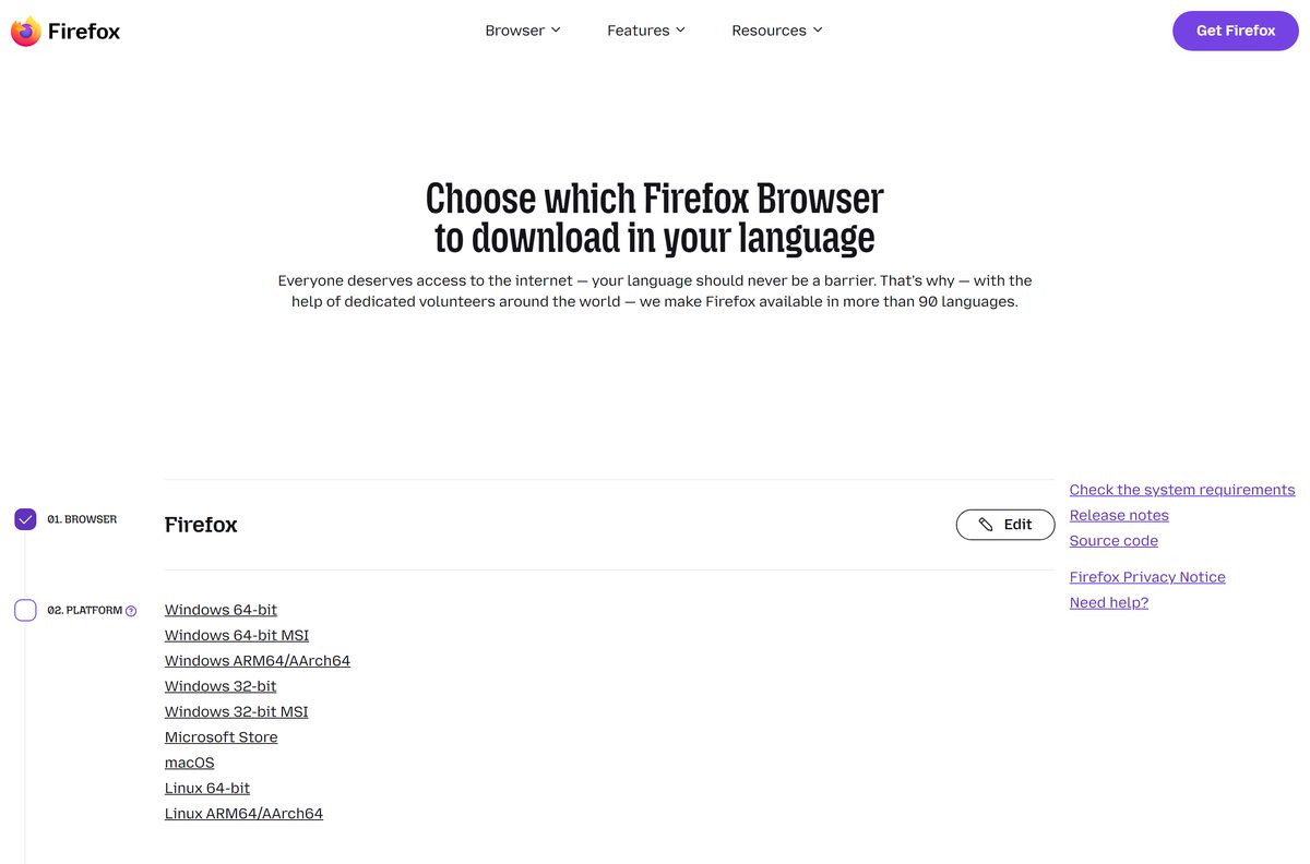Custom download page with browser, platform and language pickers