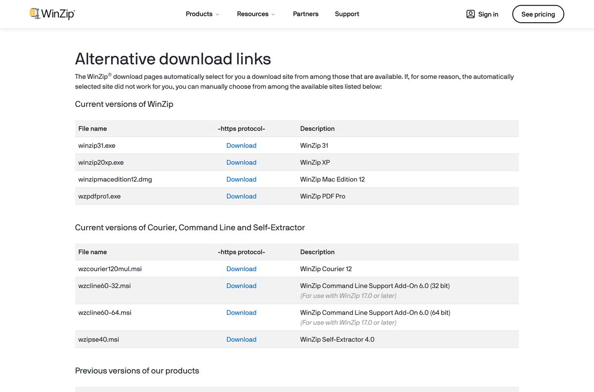 Alternative download links table listing current and previous WinZip releases