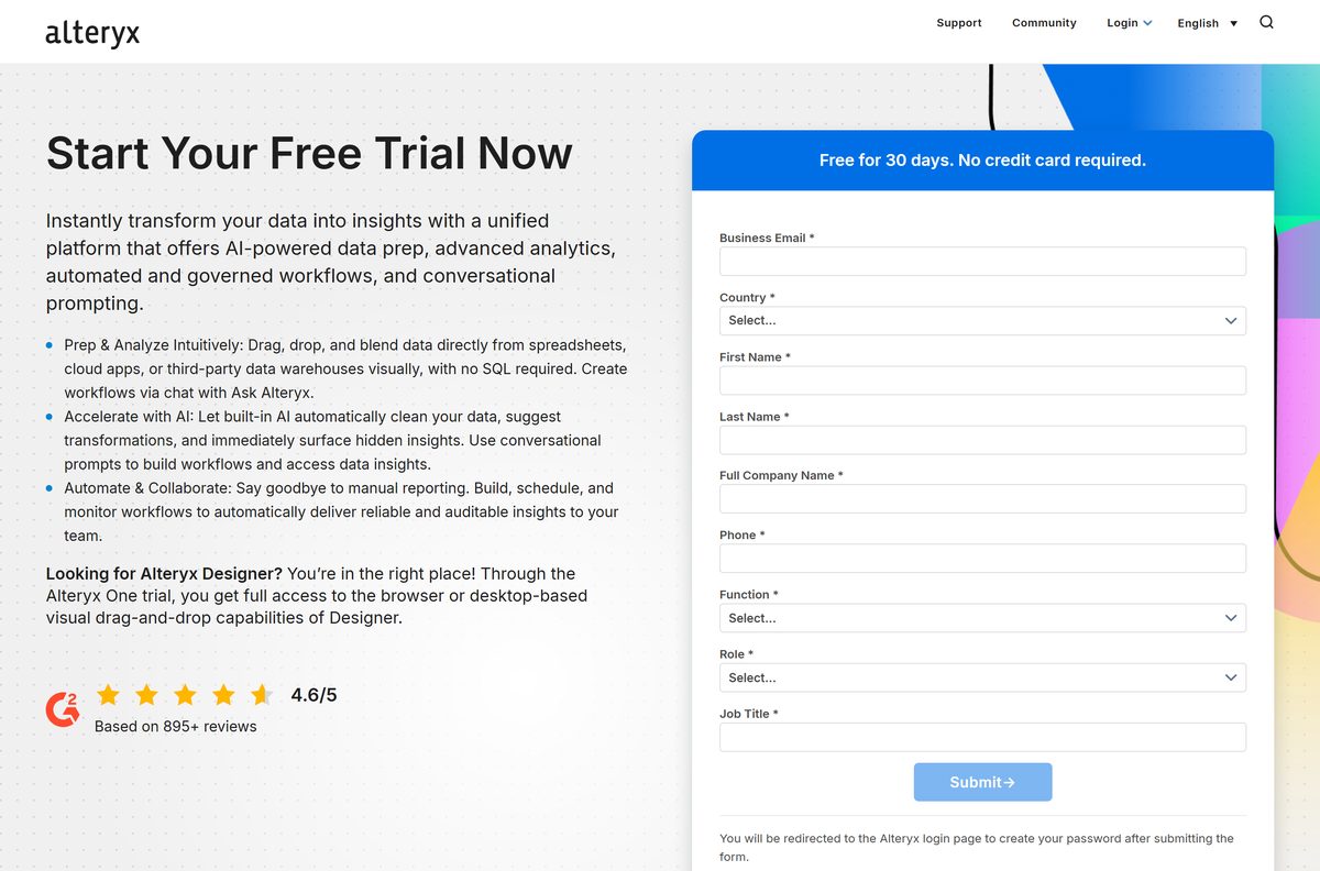 Free trial sign-up form that includes Alteryx Designer desktop