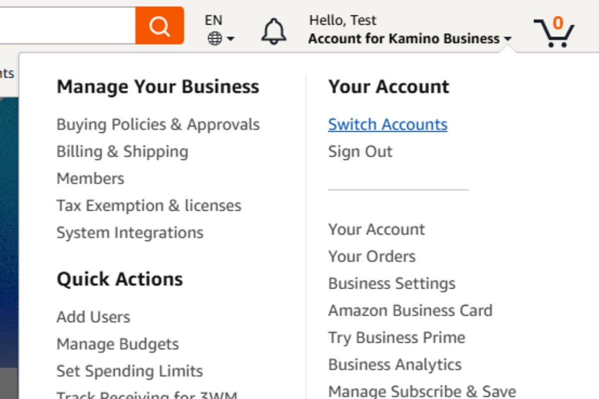 Amazon Business account menu showing Business Settings and Quick Actions