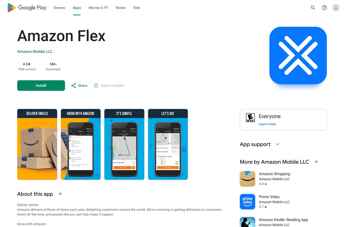 Google Play listing for Amazon Flex with its rating and downloads