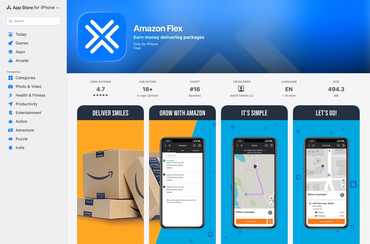 App Store page for Amazon Flex with its size and rating