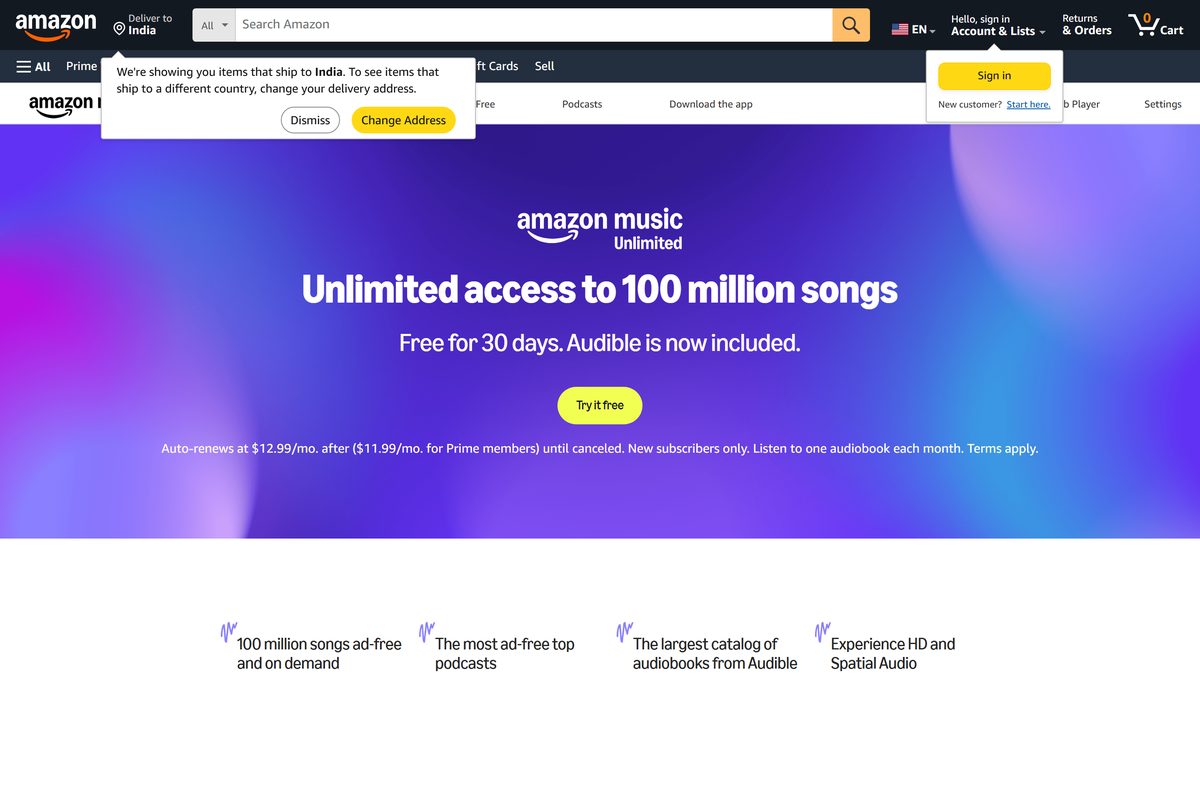 Amazon Music Unlimited sign-up page with trial and monthly price