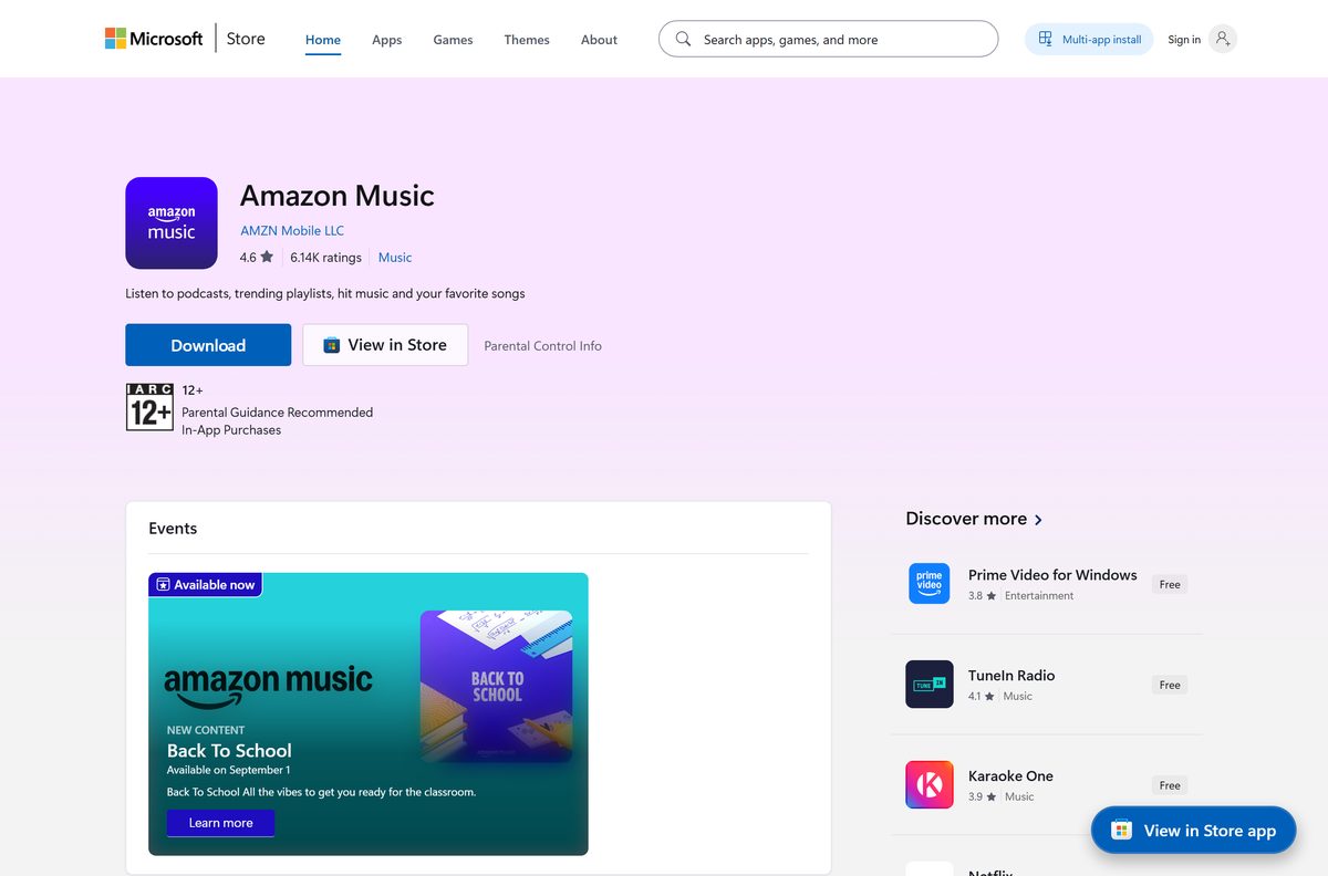 Microsoft Store listing for Amazon Music with publisher and Get button