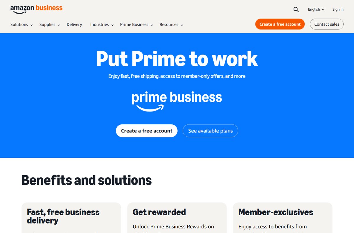 Amazon Prime Business landing page with Create a free account button
