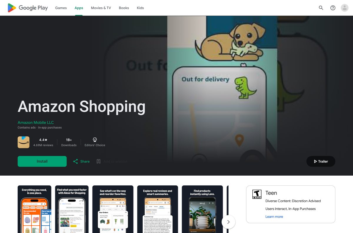Google Play listing for Amazon Shopping with its rating and download count