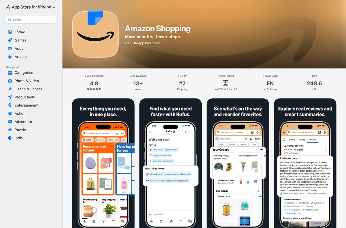 App Store listing for Amazon Shopping with its size and age rating