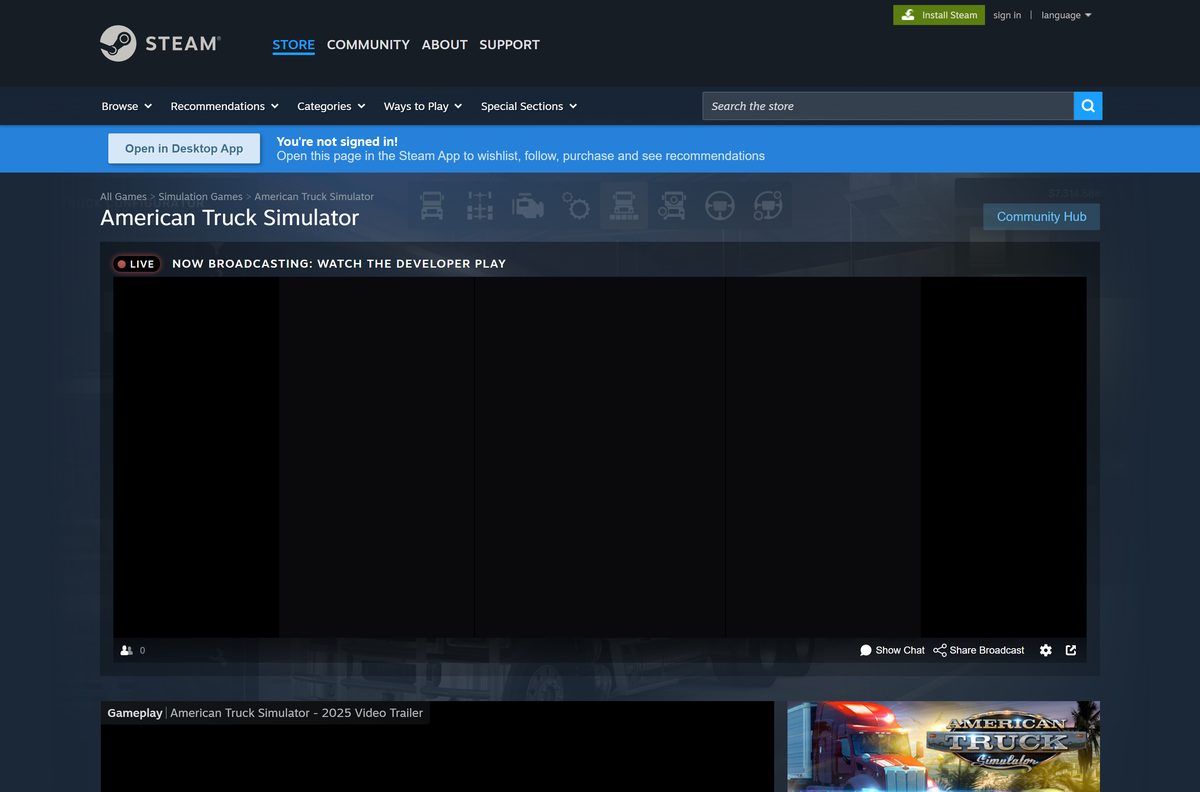 Steam store page for American Truck Simulator with demo and bundles
