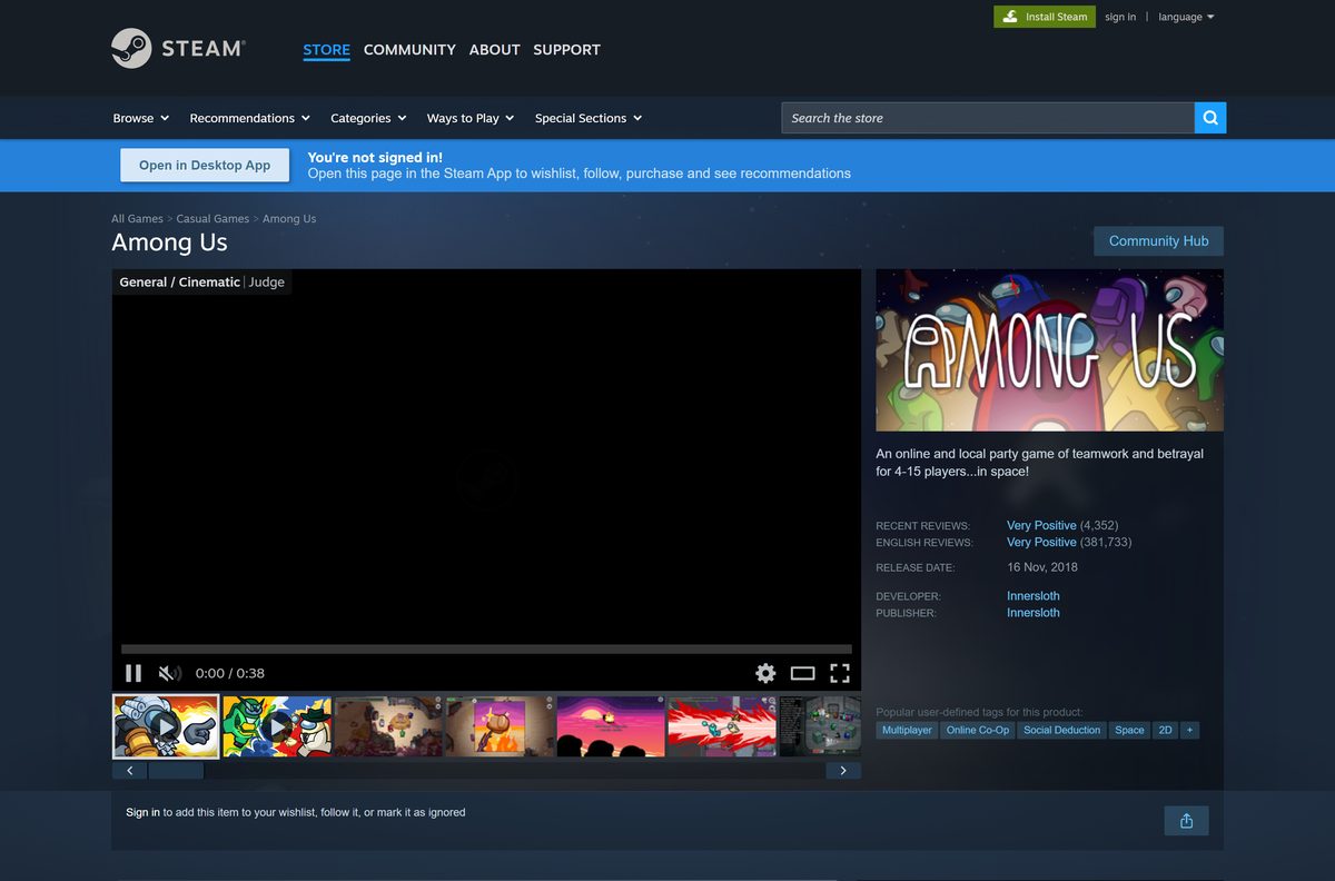 Steam store page for Among Us with price and features