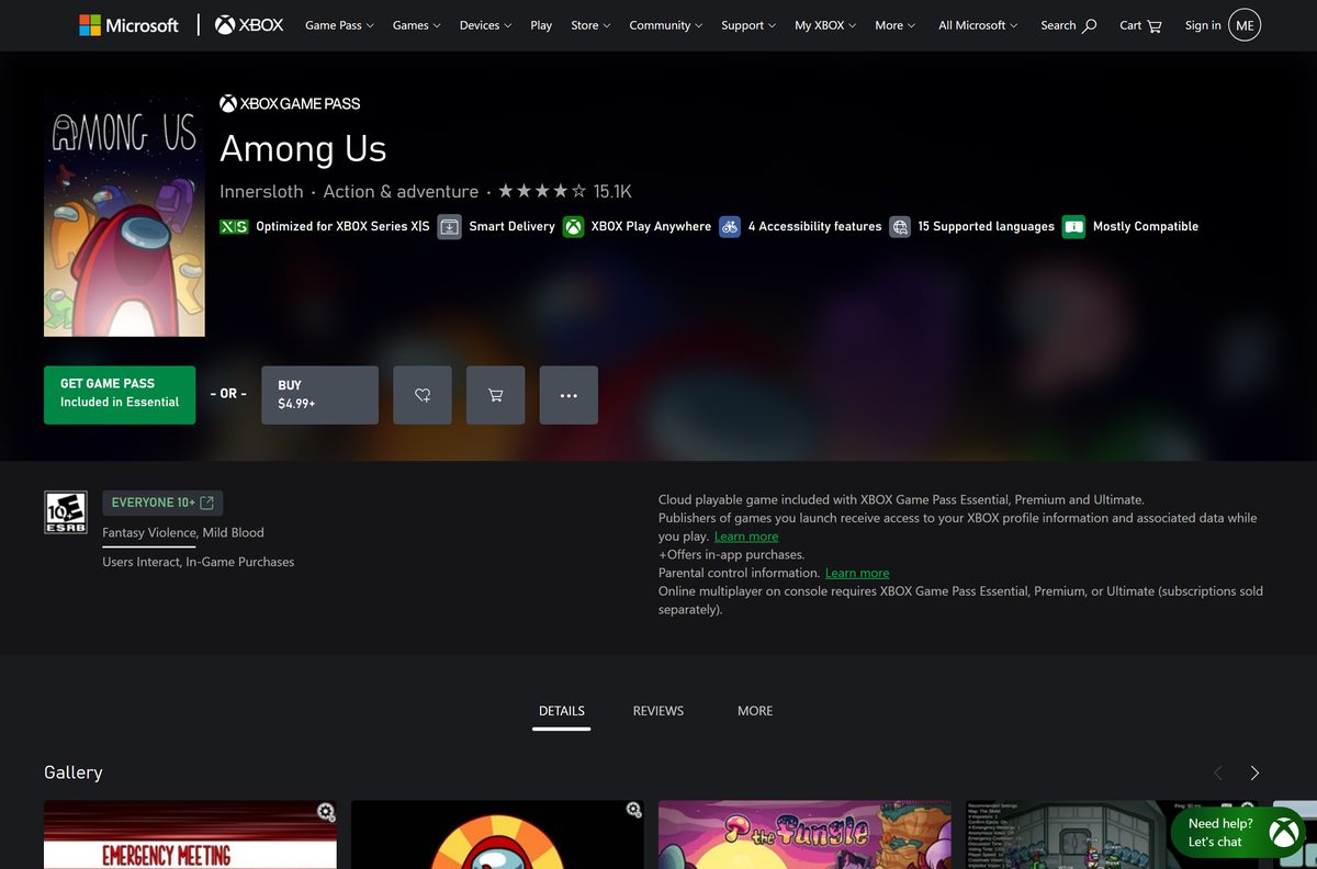 Xbox store page for Among Us with Game Pass options