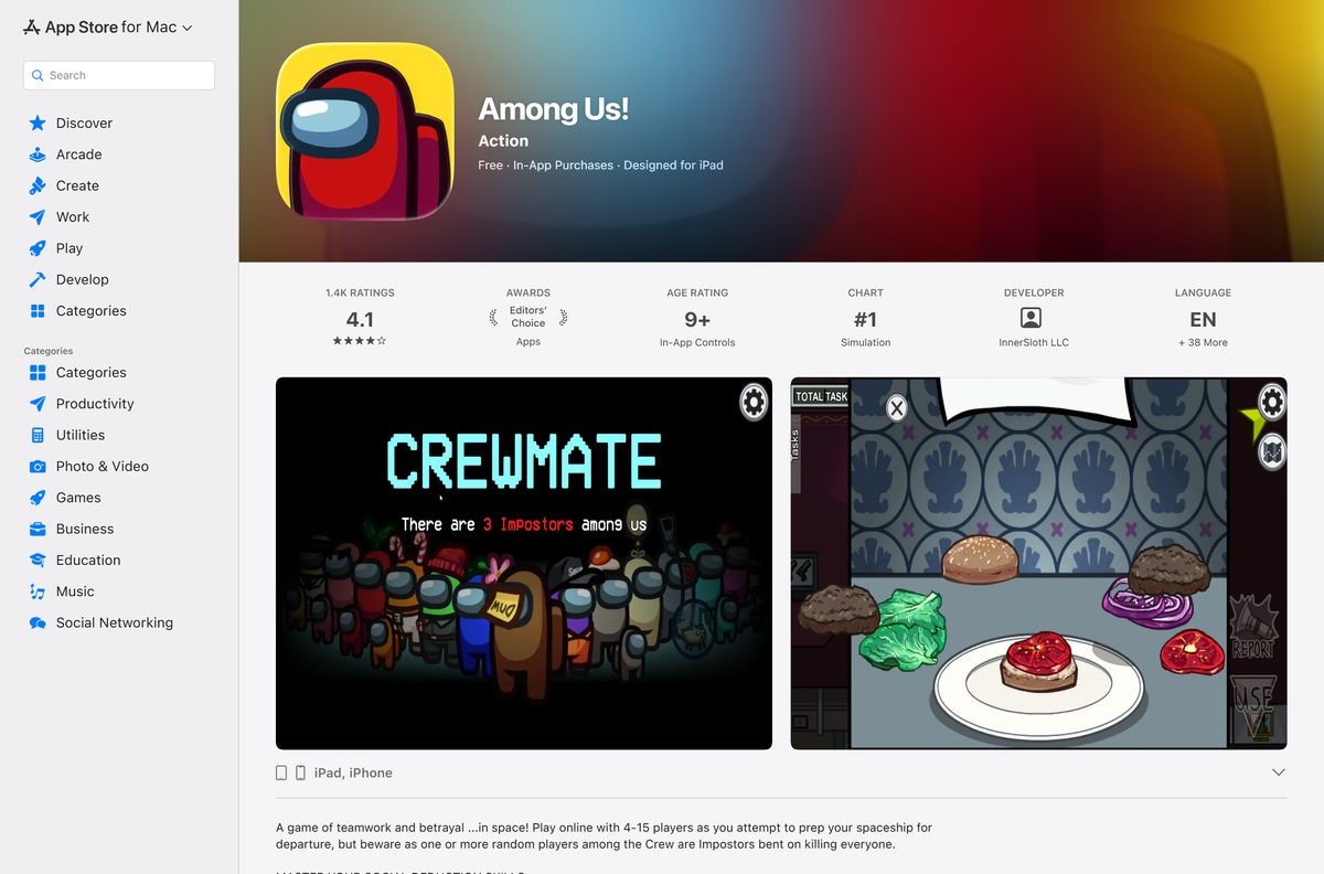 Mac App Store listing for Among Us labeled Designed for iPad