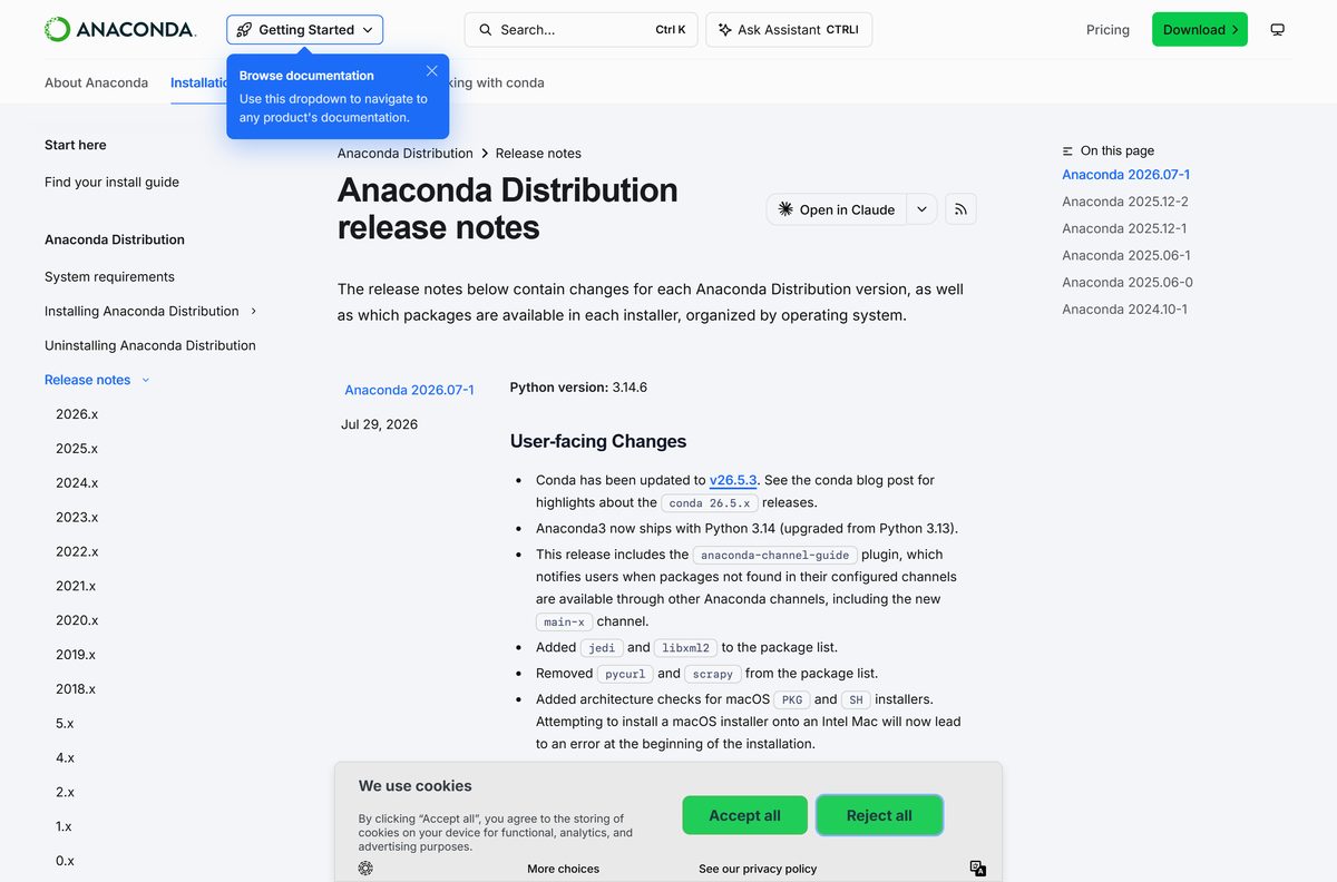 Anaconda release notes listing bundled package versions