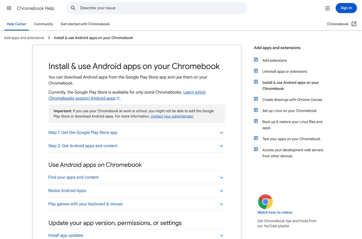 Chromebook Help page on installing Android apps from Google Play