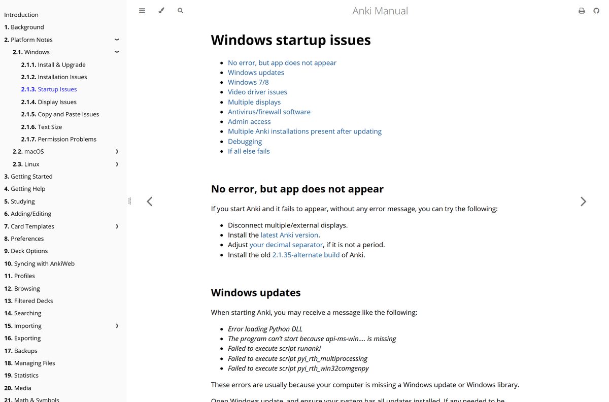 Anki manual page listing Windows startup problems and their fixes