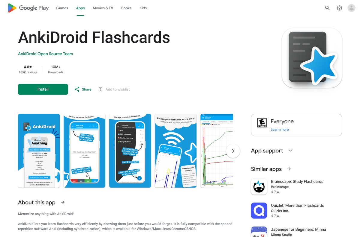 Google Play listing for AnkiDroid with its downloads and rating