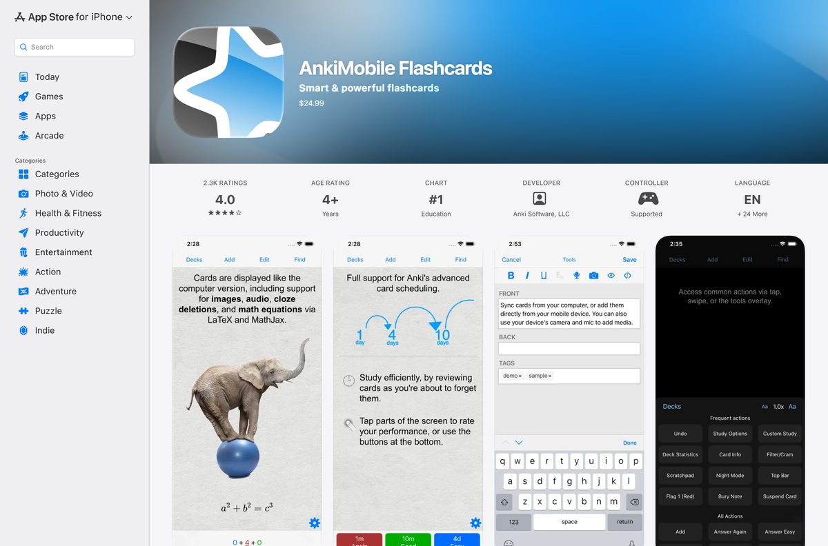 App Store listing for AnkiMobile with its price and developer
