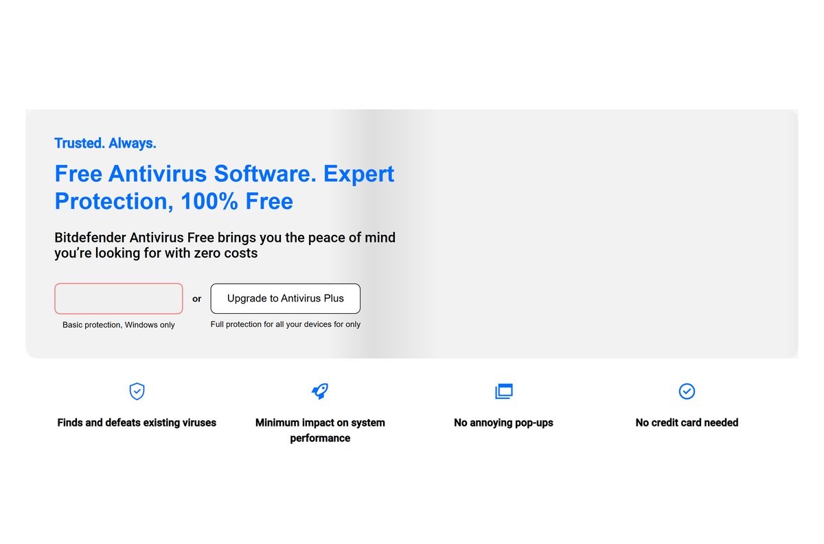 Bitdefender Antivirus Free page with its download button and feature list