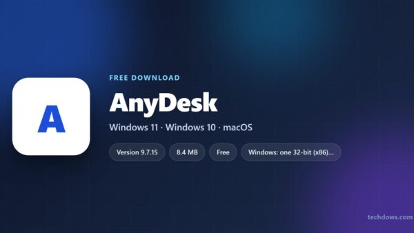 AnyDesk logo with version, size and supported systems