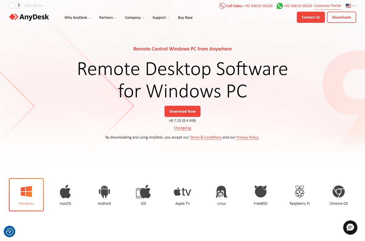 AnyDesk Windows page showing the Download Now button and version label