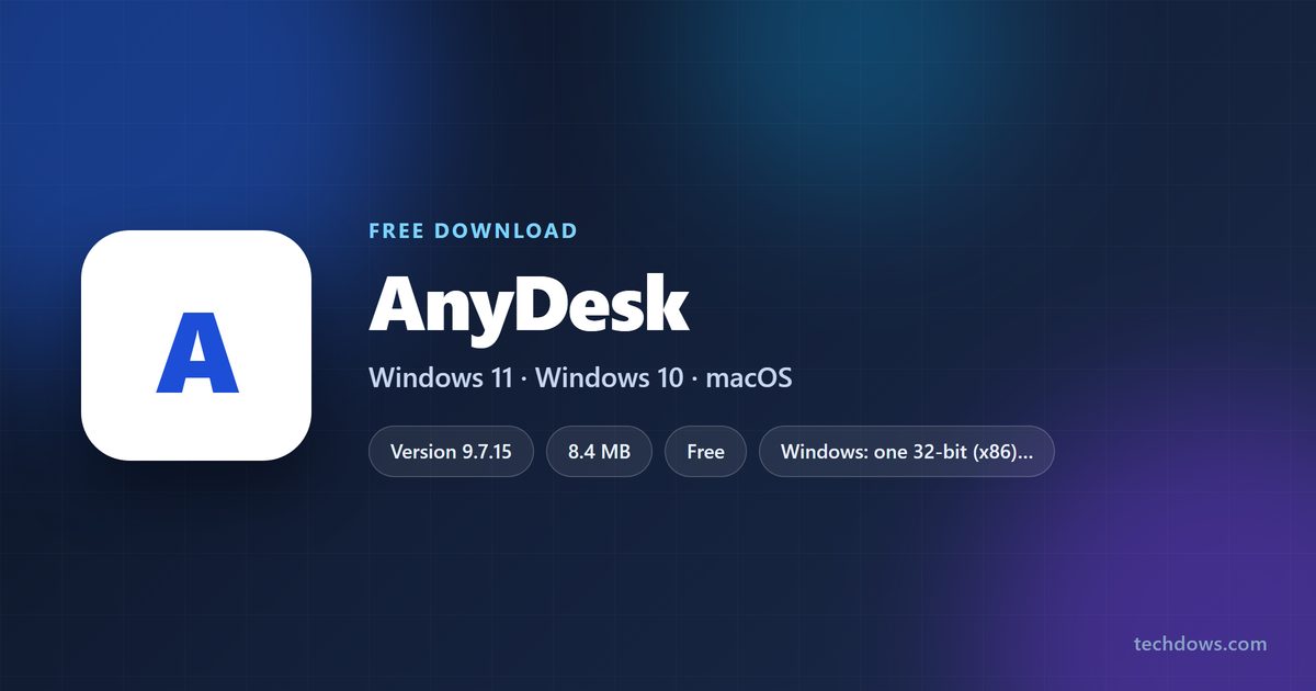 AnyDesk logo with version, size and supported systems