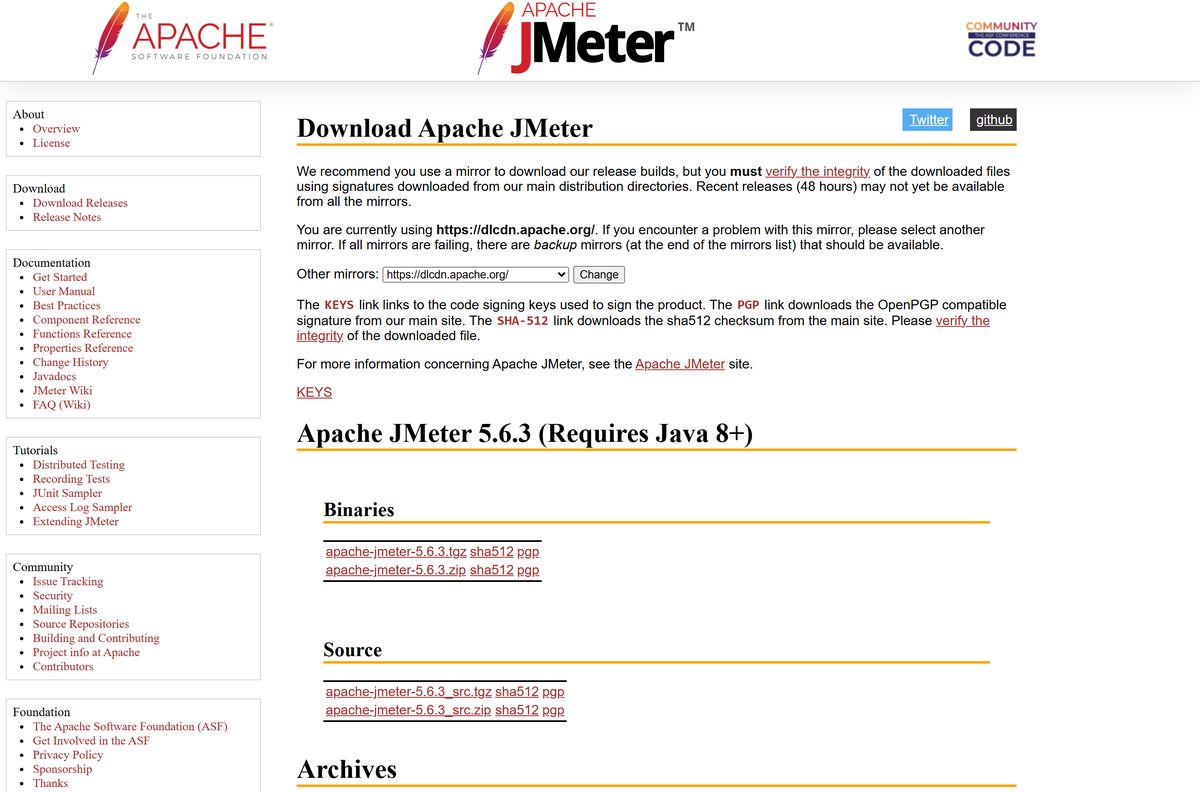 Apache JMeter download page listing binary and source archives