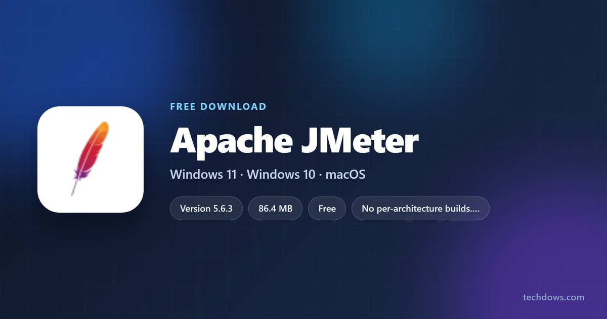 Apache JMeter spec card with version, archive size and Java requirement