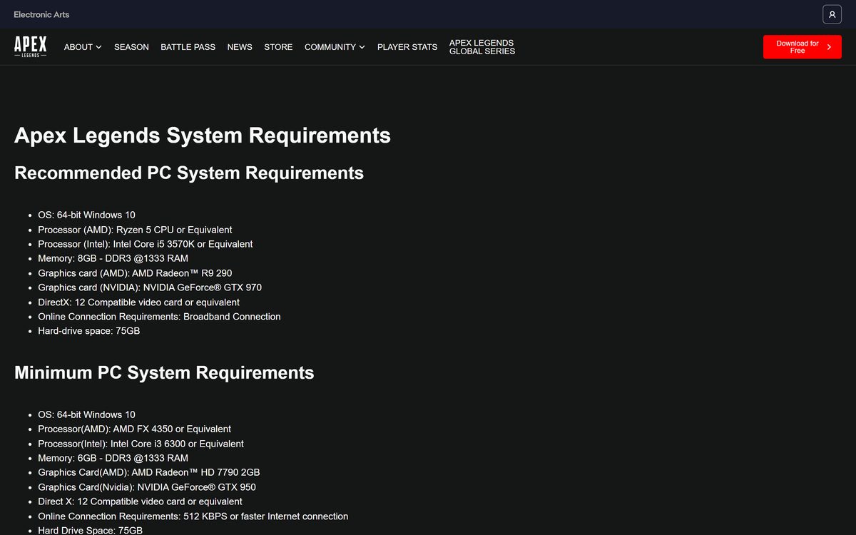 EA page listing Apex Legends minimum and recommended PC specs