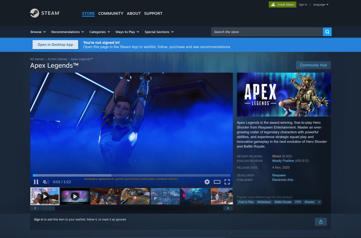 Steam store page for Apex Legends with its free-to-play button