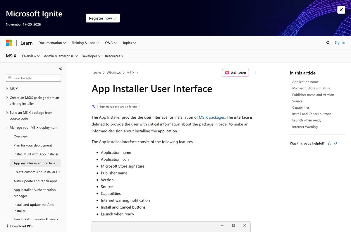 Microsoft guide to the App Installer dialog buttons