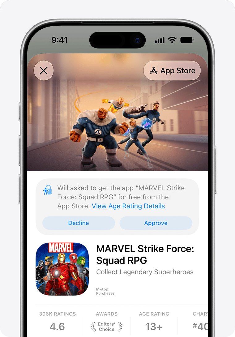 App Store Ask to Buy screen with Approve and Decline buttons
