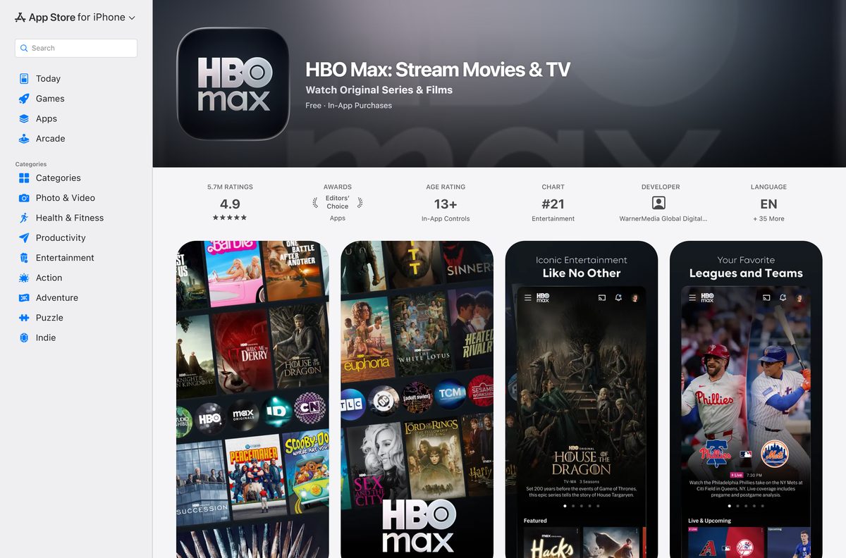 App Store listing for HBO Max showing seller, size and compatibility
