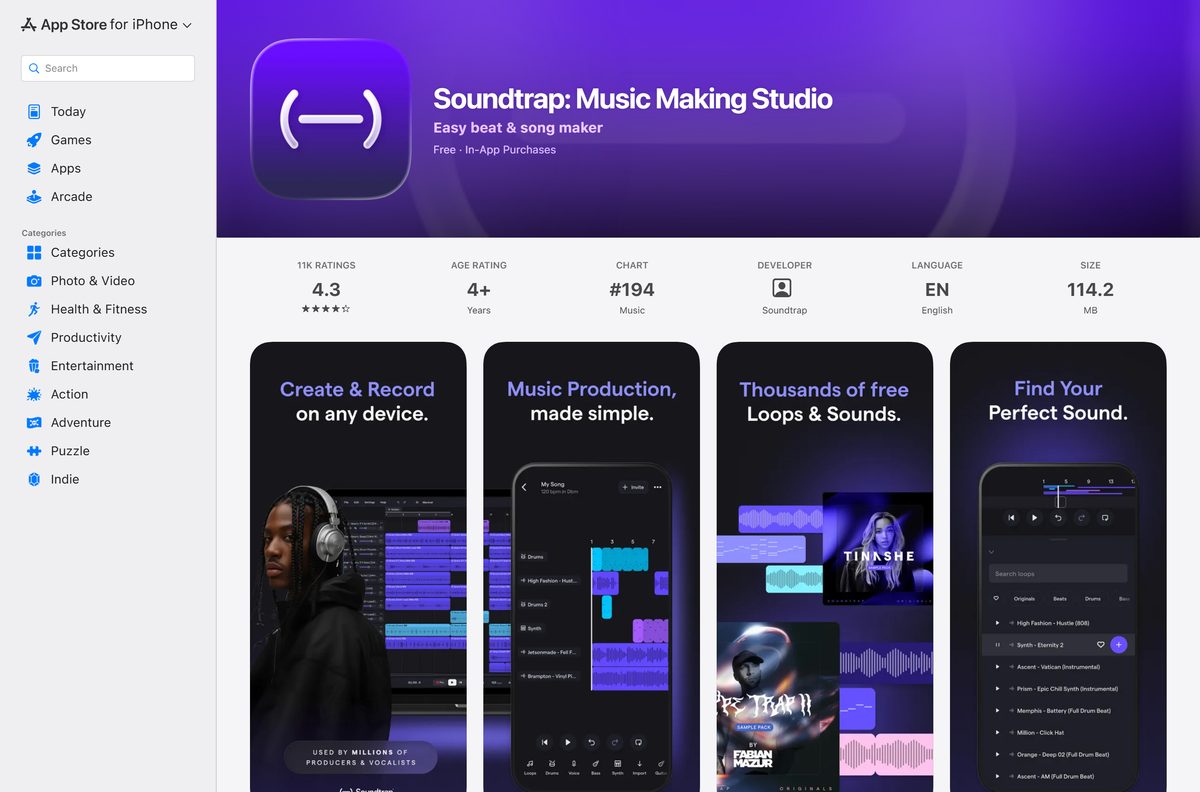 App Store listing for the Soundtrap music making studio app