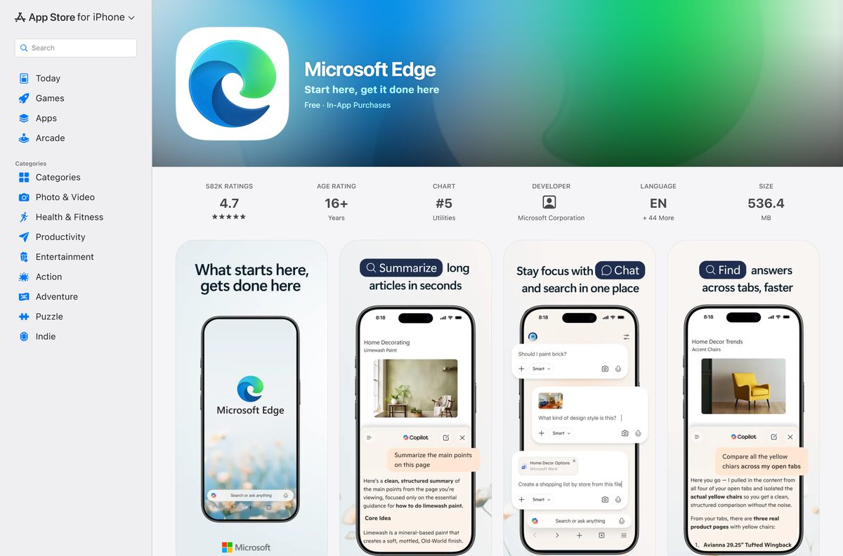 App Store listing for Microsoft Edge on iPhone and iPad
