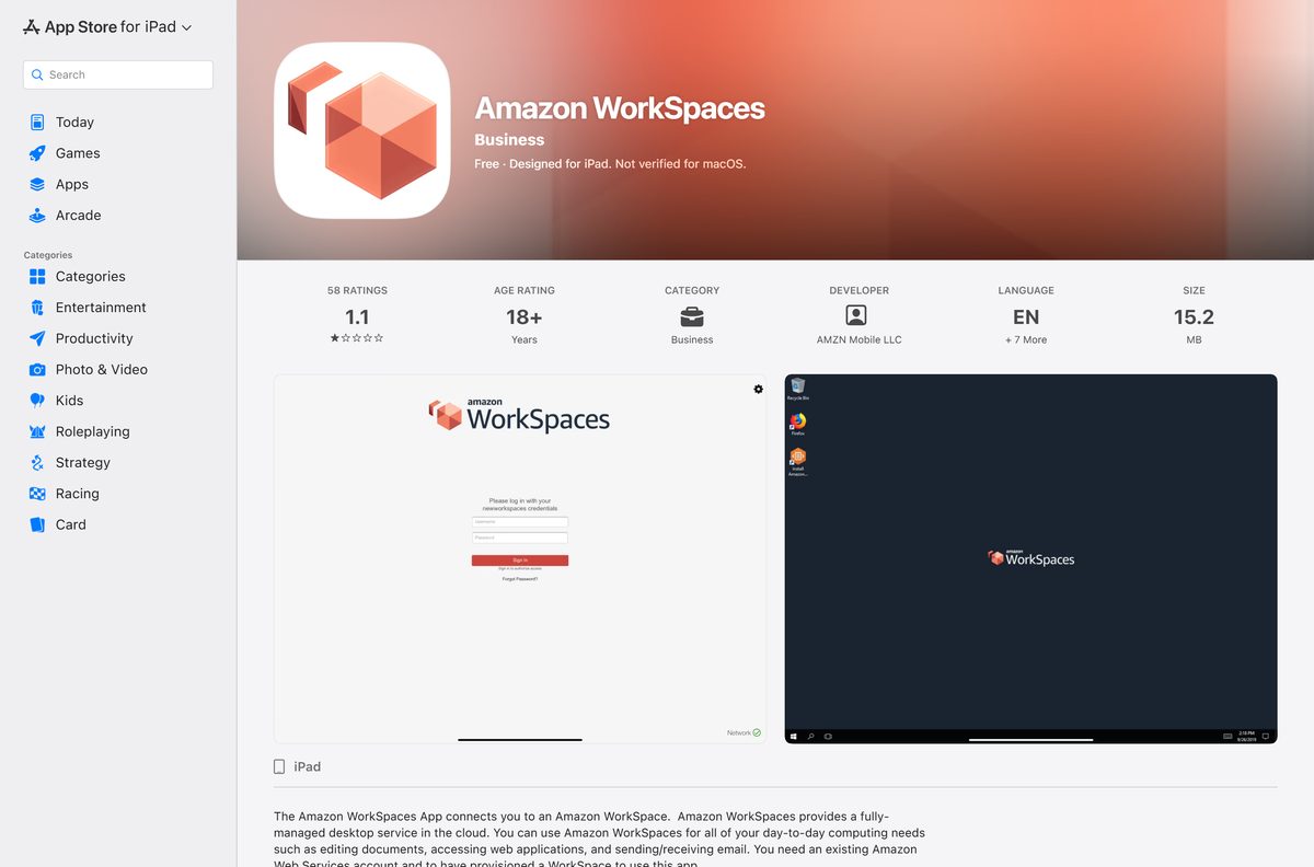 App Store listing for Amazon WorkSpaces on iPad with its price
