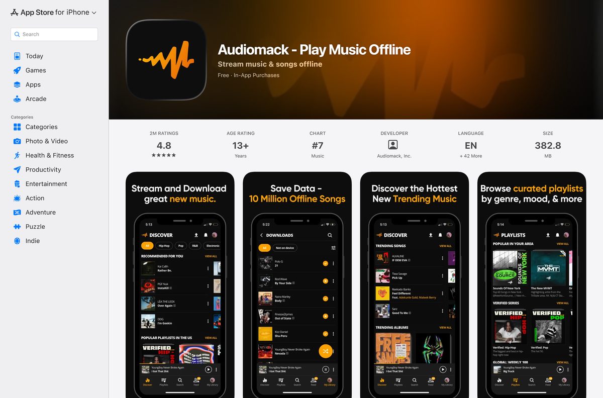 App Store listing for the Audiomack music app with its rating