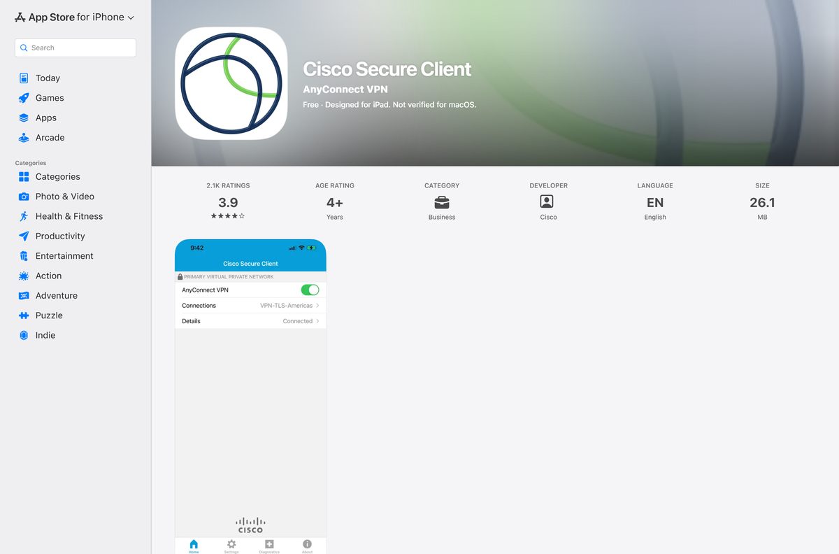 App Store listing for Cisco Secure Client on iPhone and iPad