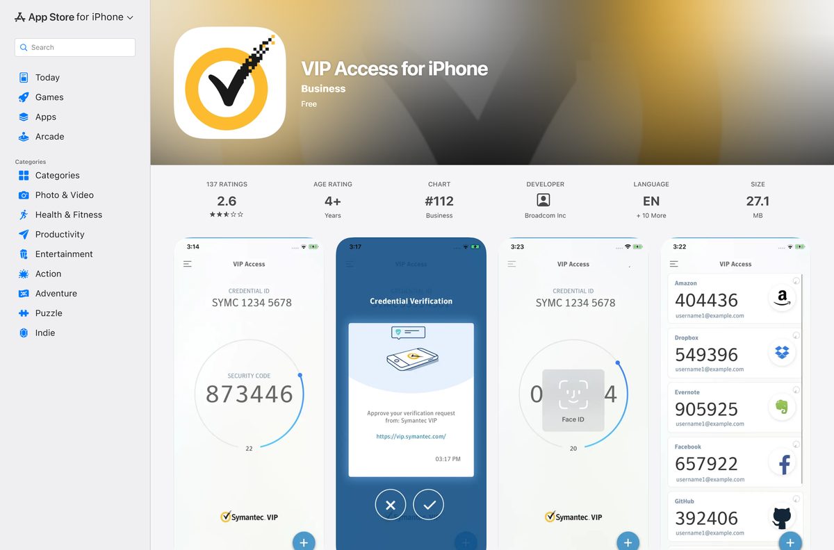 App Store listing for Symantec VIP Access with its free price
