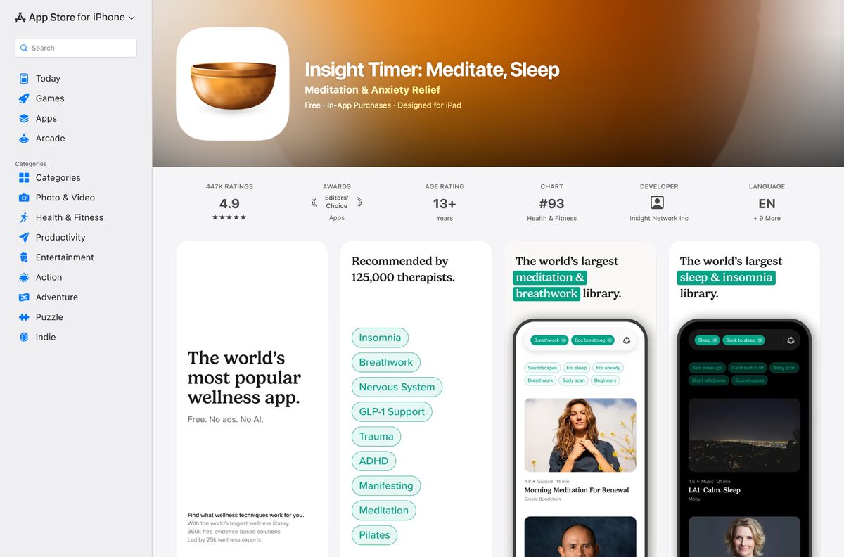 App Store listing for the Insight Timer meditation app with its rating